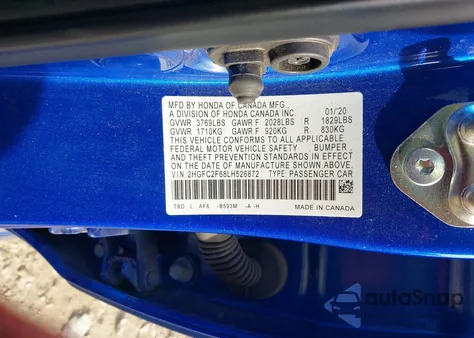 2020 Honda Civic Lx z USA, uszkodzony, nr VIN 2HGFC2F68LH526872